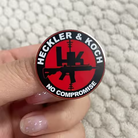 HK Semi Automatic Rifle Gun Logo Enamel Pin Heckler and Koch No Compromise Badge Brooch Jewelry