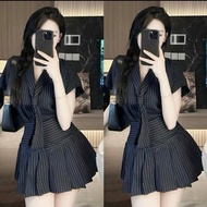 Set váy thời trang nữ mặc đi chơi chất kaki sọc cà vạt áo tay ngắn cor sơ mi mix chân váy xòe thiết