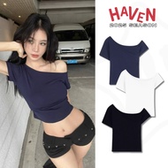 Haven Studio basic women's off-the-shoulder crop top made of cool cotton in black and blue