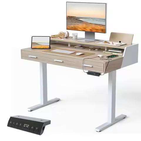 Electric Standing Desk with Drawers, 48x24 Inch Standing Desk Adjustable Height, Stand Up with Monit