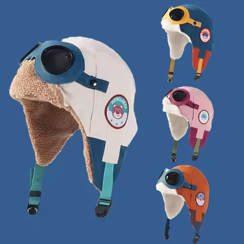 Winter Children Aviator Hat Detachable Goggles Thicken Kids Bonnet Hats for Skiing Fleece Lining Chi