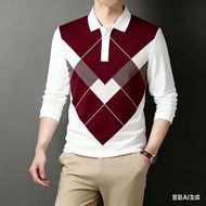 Men's Burgundy Barong Element Printed Long-Sleeve Polo - Classic Argyle Ethnic Pattern, Comfortable 