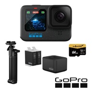 【GoPro】 HERO12 Black 三向自拍套組 (HERO12單機+三向多功能自拍桿2.0+Enduro雙座充+雙電池+64G記憶卡)