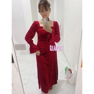 New D28/25 Long Dress Velvet Square Neck Long Sleeve Blink / Gaun