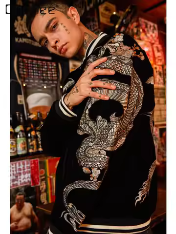 Chinese Double Dragon Embroidered Velvet Sukajan Jacket Tide Brand Yokosuka Heavy Jacket Men's and W