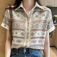 Ladies Short Sleeve Aztec Print Blouse with Lapel Collar - Bohemian Casual Top