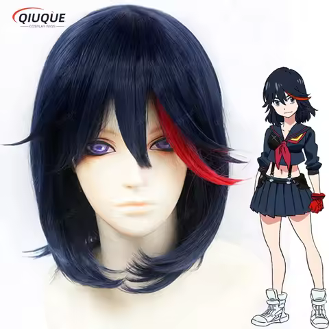 KILL la KILL Matoi Ryuko Short Navy Blue With Red Heat Resistant Hair Cosplay Costume Wig + Free Wig