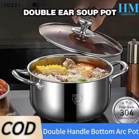 Stainless Casserole Cookware Double Handle Soup Pot With Glass Cover For Induction Cooker Cooking〔CC