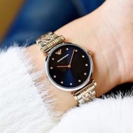 代購 Armani阿曼尼手錶 新款個性時尚藍色面不鏽鋼鏈女錶 玫瑰金間色防水石英錶AR11092