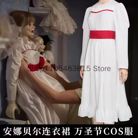Halloween Annabelle Costume Adult Long White Dress Horror Scary Ghost Role Play Costume Annabelle Wi