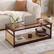 meja tamu coffe table minimalis modern kombinasi rotan alami top table kaca