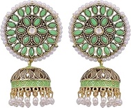 Bollywood Jewellery Traditional Ethnic Bridal Bride Wedding Bridesmaid Gold-Plated Embelished Sea-Green Kundan and Faux Pearl Jhumka Earrings