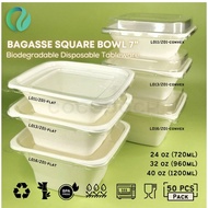 10 Pcs Bagasse Square Bowl 7 Inch + Lid 24Oz