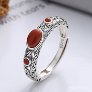 Embellishment Red Ring s925 Pattern Temperament Agate Retro Craftsmanship Trendy Make South Literary