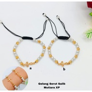 Xuping 7 Gold Adjustable Cross Pendant Pearl Drawstring Bracelet + Cross Pendant