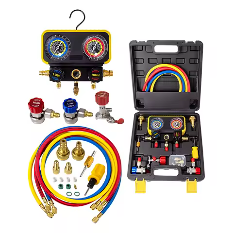 Auto Air Conditioning Manifold Gauge Tool Set 3 Way Fluoride Compatible for R134a R410a R32 R22 Refr