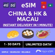 China & HK & Macau eSIM 3 to 15 Days Unlimited Data - INSTANT DELIVERY via Email!