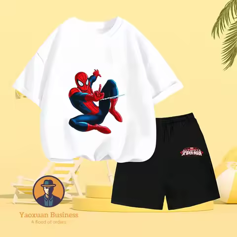 Summer Daily Wear Avengers Spider Man Cartoon Round Neck Pure Cotton Cool Fashion Casual Set