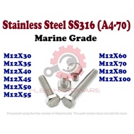 SUS 316 - M12 Hex Bolt Hex Screw DIN933 Hexagon Head Screw Outer Hex Stainless Steel A4