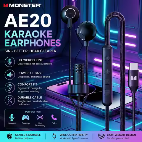 Monster AirStar AE20 Karaoke Earphone ENC Noise Reduction Real-time Monitoring Wired Headphone for G