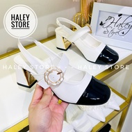 Giày búp bê marry khóa tròn HALEY STORE gót 7cm quai ngang đính khóa đá mũi tròn tiểu thư công chúa