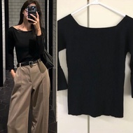 日本入手 優雅氣質可露肩一字領船領喇叭袖蝴蝶結黑色針織衫/冷衫／中袖衫/上衣/毛衣 斯文OL返工約會必備 classic elegant black color off shoulder knit t
