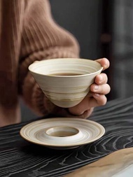 1個手工創意ufo造型粗陶杯子與盤子,1套韻味茶道風格日本粗陶咖啡杯和盤子套裝,1套復古輕奢花紋茶杯和盤子套裝,適用於客廳、餐廳、咖啡廳、辦公室等場所