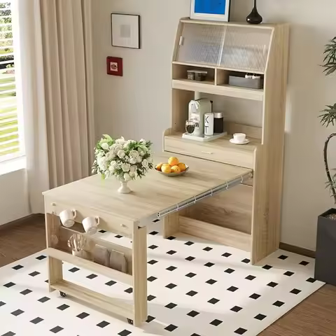 Modern Coffee Bar Cabinet, Compact 33.5"x15.7"x69" Buffet Cabinet with Hutch & Foldable Dining Table