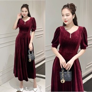 Đầm nhung đính dây đá form dài tay phồng - MS0296 (Hình thật shop chụp)
