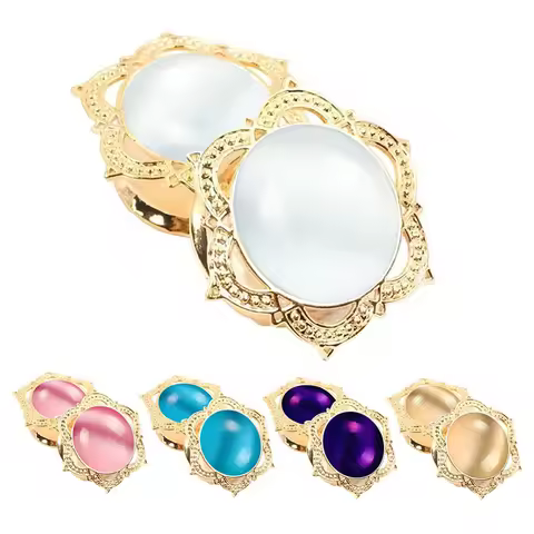 2X Golden Lotus Flower Natural Cat's Eye Stone Ear Gauge Plug 2g (6mm) - 5/8'' (16mm) Saddle Flesh T