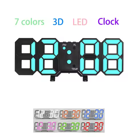 7 colors 3D LED Digital Clock Luminous Fashion Wall Clock Multifunctional Creative Electronic Clock 