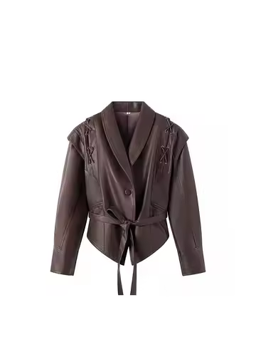 Mauroicardi Spring Autumn Short Retro Brown Pu Leather Jacket Women Sashes Lace Up Luxury Designer E