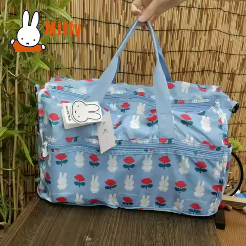 Kawaii Miffy Large Capacity Foldable Travel Duffel Bag Cute Cartoon Print Lightweight Waterproof Tri