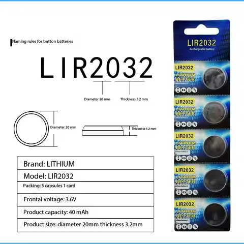LIR2032 Rechargeable Battery 2032 Lithium Charging Can Replace 3.6V 40mAh CR2032 for Watches Coin Ba