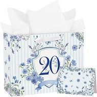 Loveinside 20th Birthday Gift Bag (33cm) with Card and Tissue Paper - Blue Striped Floral Paper Bags