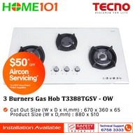 Tecno Glass Cooker Hob 3 Burners T3388TGSV - Optic White - LPG / PUB - FREE INSTALLATION