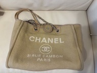 【100% Real】Chanel Deauville Canvas Tote Bag Small 米金色帆布肩背包（附原裝小 Pouch）