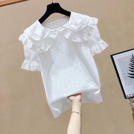 Summer New Women's Simple Korean Doll Neck Solid Loose Short Sleeve Lace T-shirt BEFQ