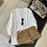 Lyocell Narrow Side V-Neck Epaulette Sleeve Loose T-Shirt - White & Gray Basics