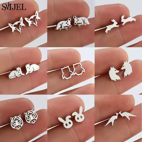 SMJEL Mini Stainless Steel Animal Earrings for Women Cartoon Koala Fox Bunny Tiger Horse Earings Pun