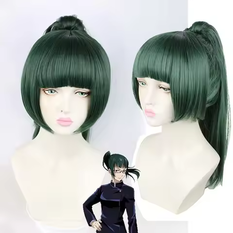 Hallween Christmas Party Anime JJK Cosplay Wig Maki Zenin Straight Green Ponytail Cosplay Wig