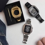 AP改裝金屬錶帶錶殼套裝適用於 Apple Watch 7 6 SE 5 一體不鏽鋼錶帶 復古奢華 男款 44 45mm