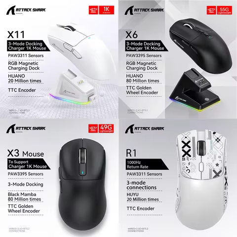 Attack Shark X11 X6 X3 R1 Wireless Gaming Mouse, RGB, Ergonomic, Macro Functions, Ultra-Light, Tri-M