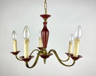 鍍金黃銅和勃艮第陶瓷復古枝形吊燈|5燈天花板照明