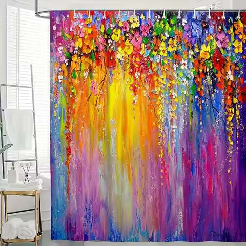 One Piece of Polyester Chic Floral Oil Painting Shower Curtain, Decorative Shower Curtain Lining, Ba