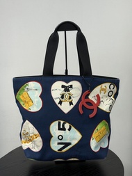 90%New二手Chanel heart print canvas tote shoulder bag handbag中古vintage香奈兒 藍色愛心形coco圖案手提托特包