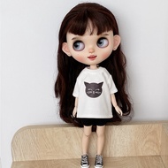Blythe เสื้อผ้าเด็ก licca azone ผ้าเล็ก ob24เสื้อเด็กตุ๊กตาหัวแมวเสื้อยืดกางเกงขาสั้นสีดำ
