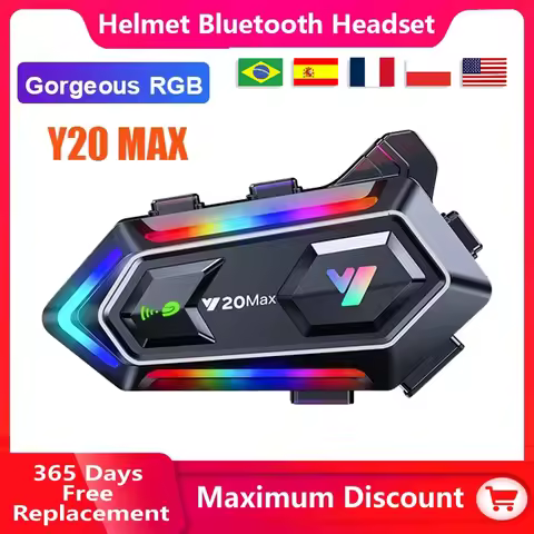 Y20 MAX Motorcycle Helmet Bluetooth Headset Intercom With Mixing V5.3 RGB Colorful Light Effect 1000