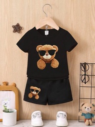 男嬰兒2件套組，有趣的太陽眼鏡熊設計T恤和短褲休閒日常裝，非常適合春夏戶外活動