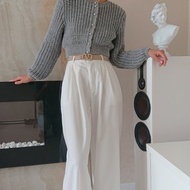 女式長袖露臍上衣開衫 泡泡袖手工針織襯衫配鈕扣